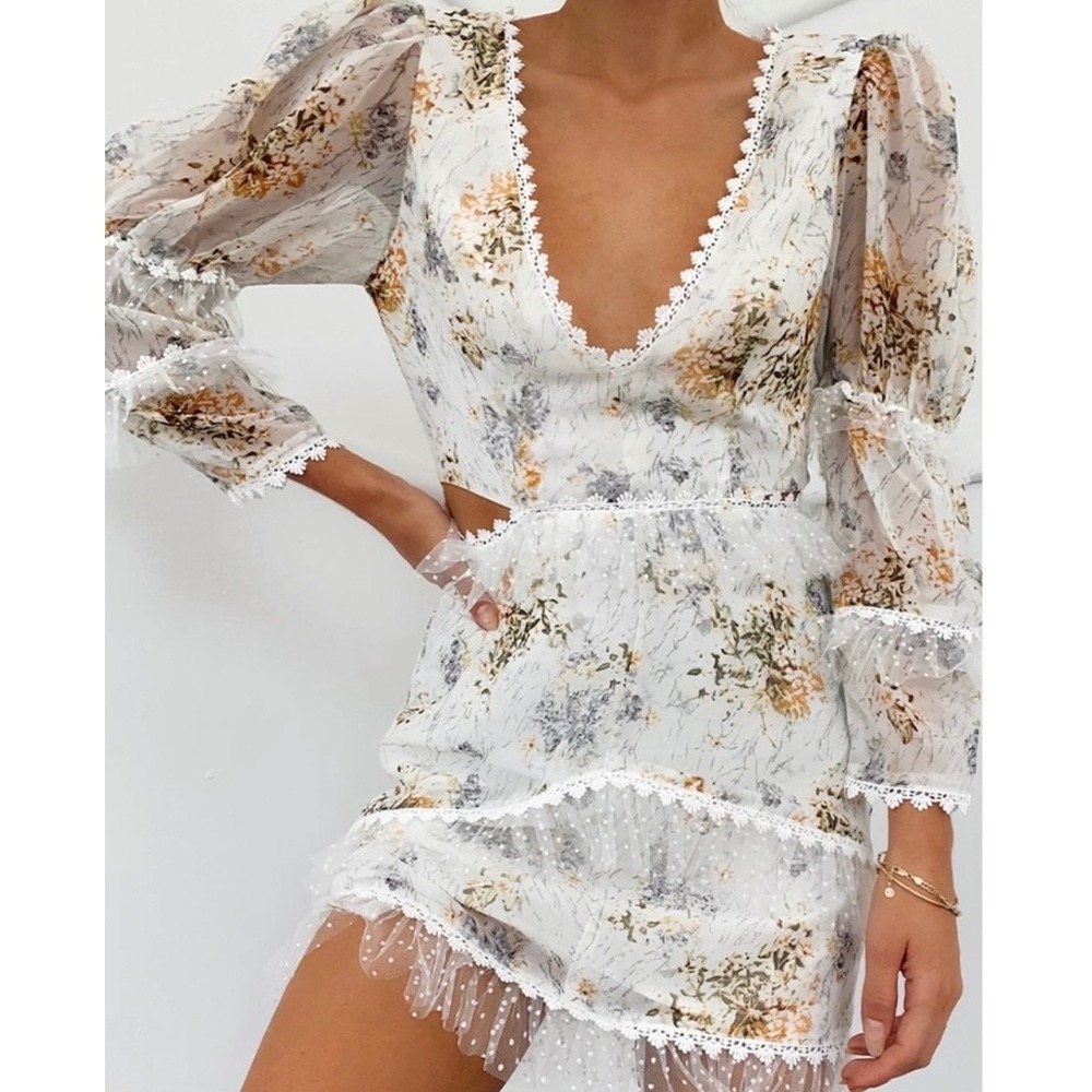 Seven Wonders Shona Mini Dress Blue Floral Bridal Cutout Ruffle Lace NWT USA 4